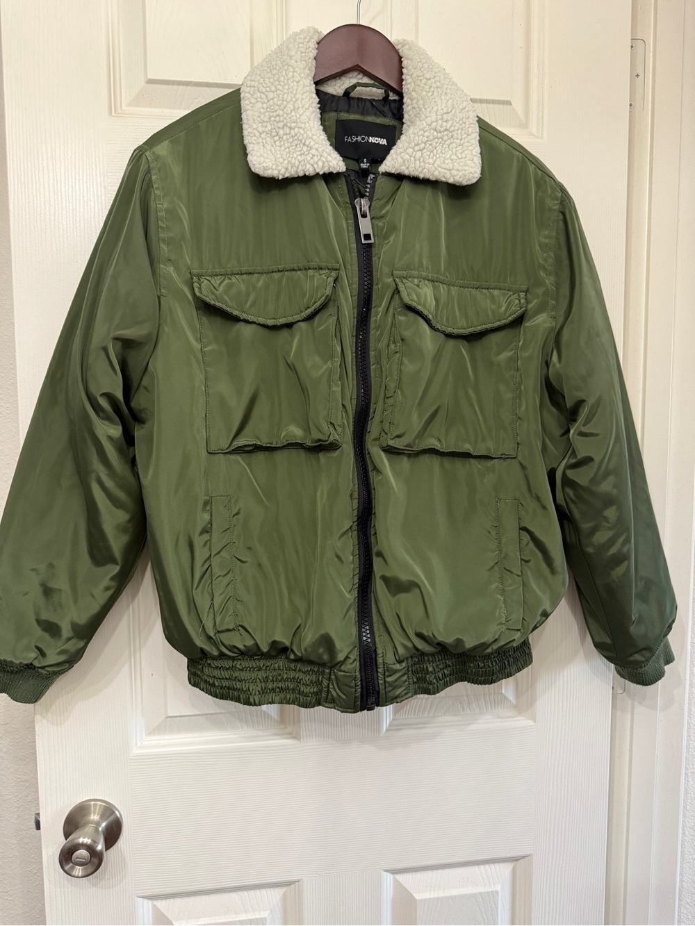 Fashion Nova Olive Green Jacket with Cream Sherpa Collar